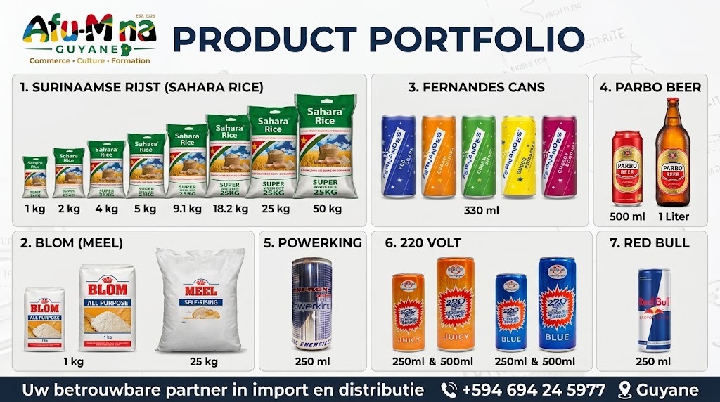 Productportfolio van Afu-Mena Guyane: Sahara rijst, Blom, Fernandes, Parbo, Powerking, 220 Volt en Red Bull.